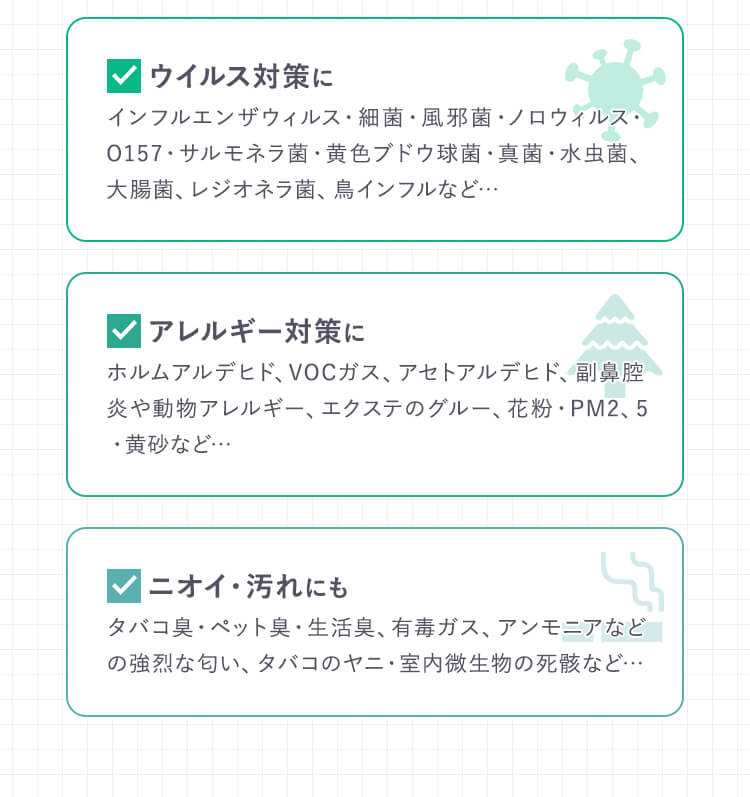 ウイルス対策に、アレルギー対策に、ニオイ・汚れに
